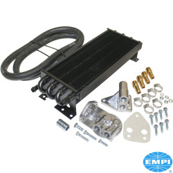 8-pass oil cooler kit, 1/2&quot hose barb, without booster kit. Includes cooler, bypass adapter, remote filter bracket, high temperature hose and all necessary fittings and hardware for installation